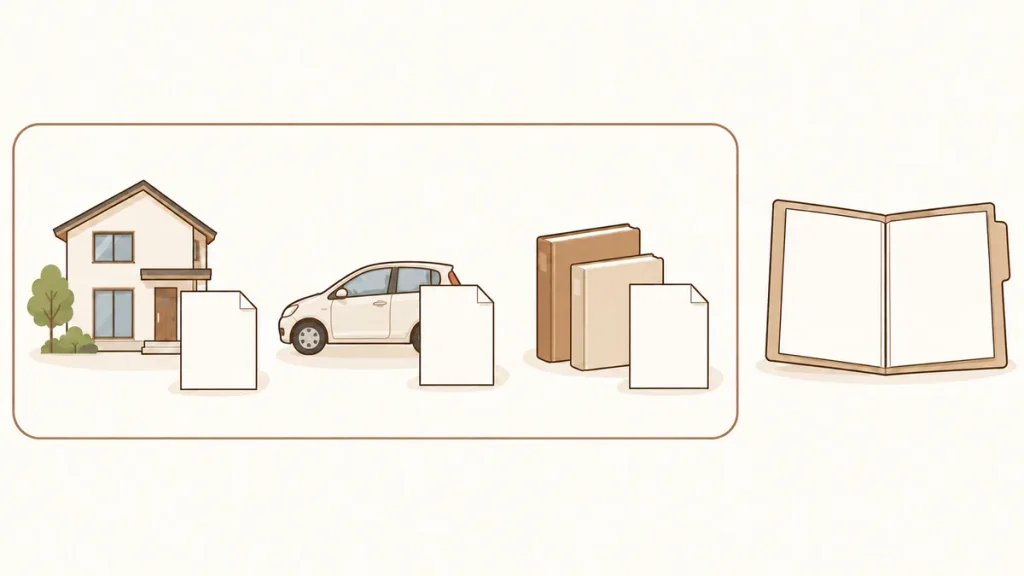 枠内に住宅・車・教育のローンの返済書類、枠外に収入資料を配置したイラスト