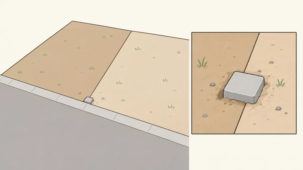 隣接する土地の接点付近にある境界標と、その形を拡大した概念イラスト