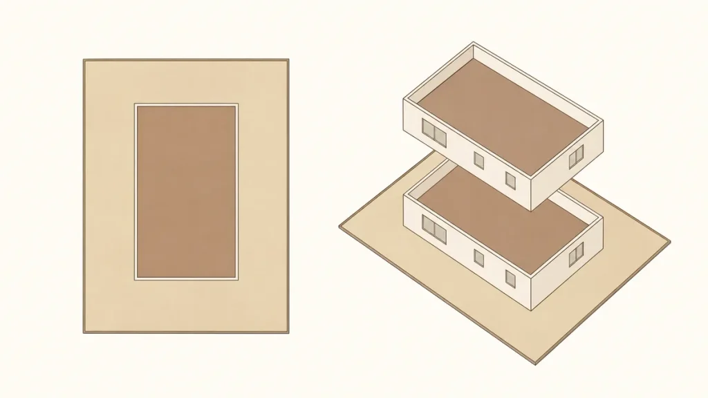 建物を真上から見た広がりと各階の床面積を分けて示した模式図