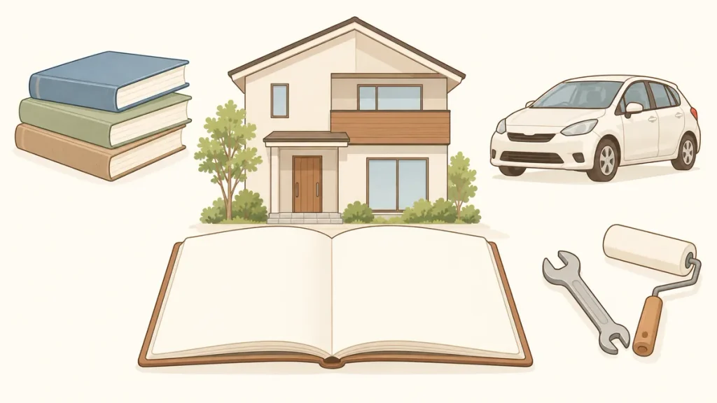 住宅と家計ノートの周りに教育費・車の買い替え・修繕費の例を配置したイラスト