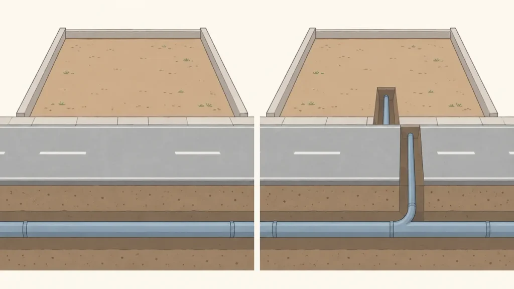 道路下の水道本管だけがある状態と、敷地内へ給水管が分岐している状態の比較図