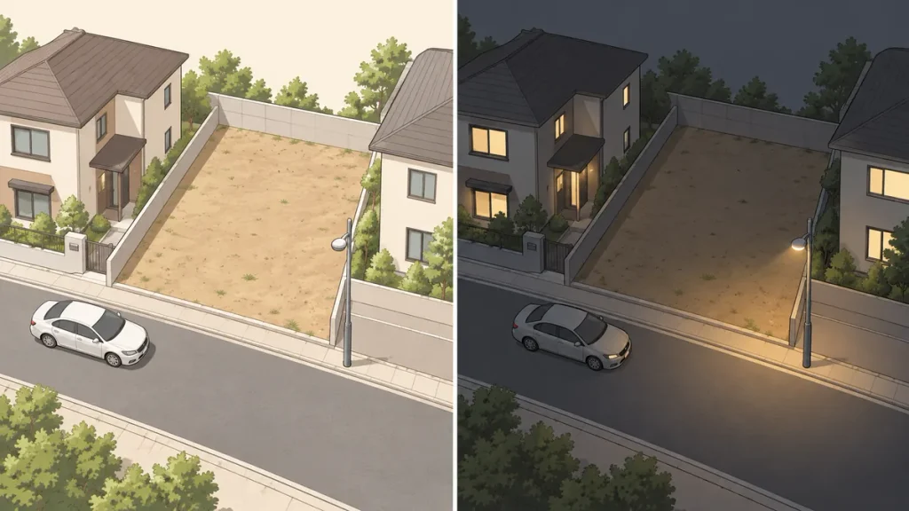 同じ空き地と前面道路、隣接住宅を昼と夜に見た比較イラスト