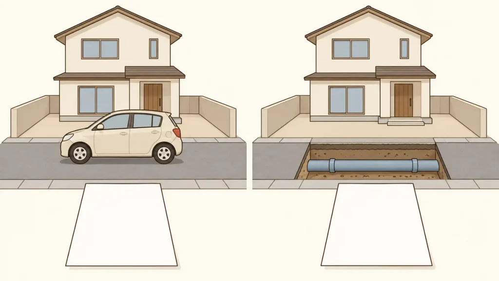 私道を車で通る場面と道路下の配管を確認する場面を並べたイラスト