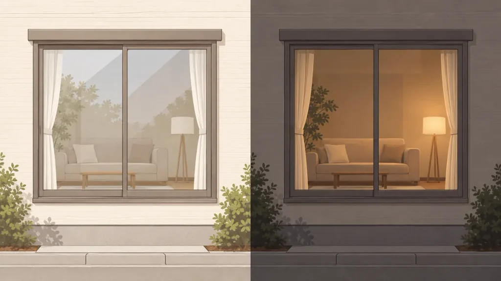 同じ住宅の窓を道路側から見た昼と夜の比較イラスト