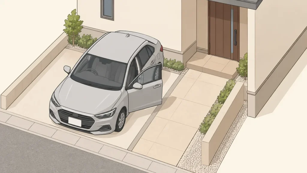 乗用車のドアを開けた状態と、駐車スペースから玄関までの通路の位置関係を示す俯瞰図