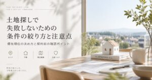 机の上の住宅模型と土地資料、窓の外に住宅地が広がる土地探しのアイキャッチ画像