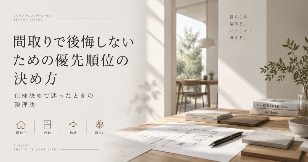間取り図と仕様サンプルを並べた明るい室内の、間取りの優先順位を解説するアイキャッチ画像