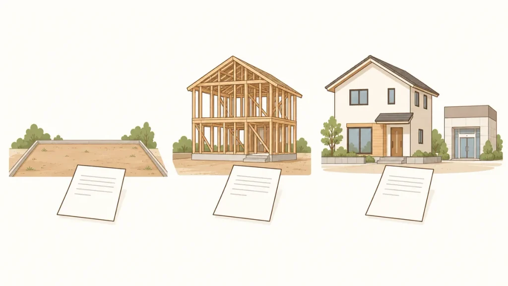 土地、建築途中、完成住宅の各段階に支払い書類を添えたイラスト