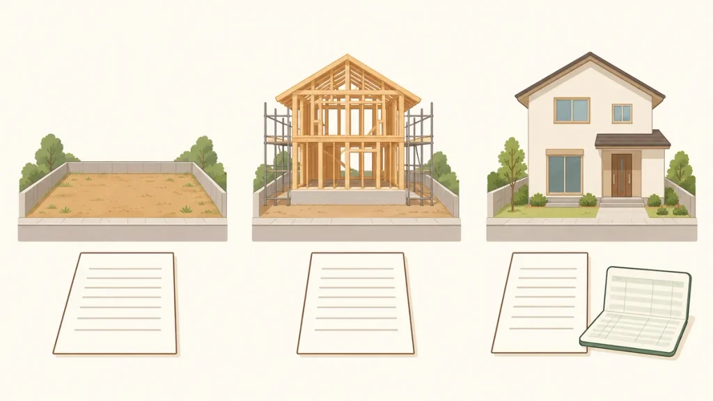 建物分の融資が完成時に実行される商品の例です。契約時や工事中の支払いを、いつ、何で払うか確認します。これらは総額に含まれる支払いであり、別途上乗せする費用ではありません。先払いを後で借入に含められるかは金融機関等に確認します。