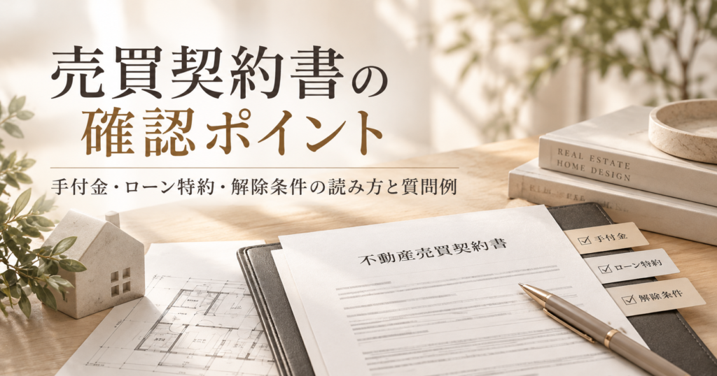 打ち合わせテーブルに広げた売買契約書と重要事項説明書、カレンダーと住宅模型を描いたイラスト