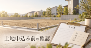 土地の購入申込み前に、申込書と確認事項のチェックリストを整理しているイメージ画像