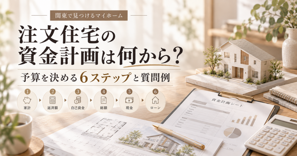 注文住宅の資金計画を6ステップで整理した住宅模型と資金計画書のイメージ