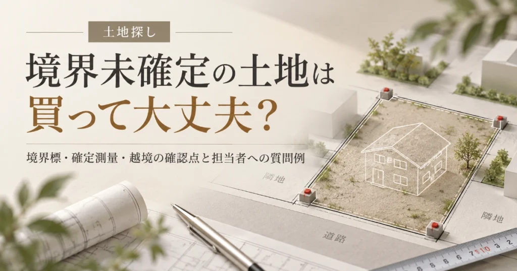 境界未確定の土地で境界標・測量・越境を確認するイメージ