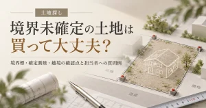 境界未確定の土地で境界標・測量・越境を確認するイメージ
