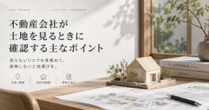 土地の資料と住宅模型を並べた、土地の確認ポイントのイメージ