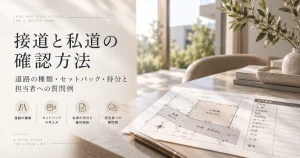 接道と私道の確認方法を解説する土地図面と道路・セットバックのイメージ
